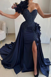Fabulous Dark Blue Sweetheart One-shoulder Sleeveless Panel Train Satin Split Front Prom Evening Dresses With Handmake Flowers
